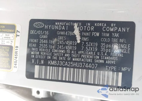 2017 Hyundai Tucson Sport z USA, uszkodzony, nr VIN KM8J3CA25HU374407